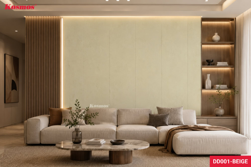 Vách sofa phòng khách ốp tấm đá dẻo Travertine vàng kem DD001-BEIGE