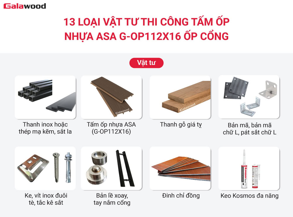 13 loại vật tư thi công tấm ốp nhựa ASA G-OP112X16 ốp cổng
