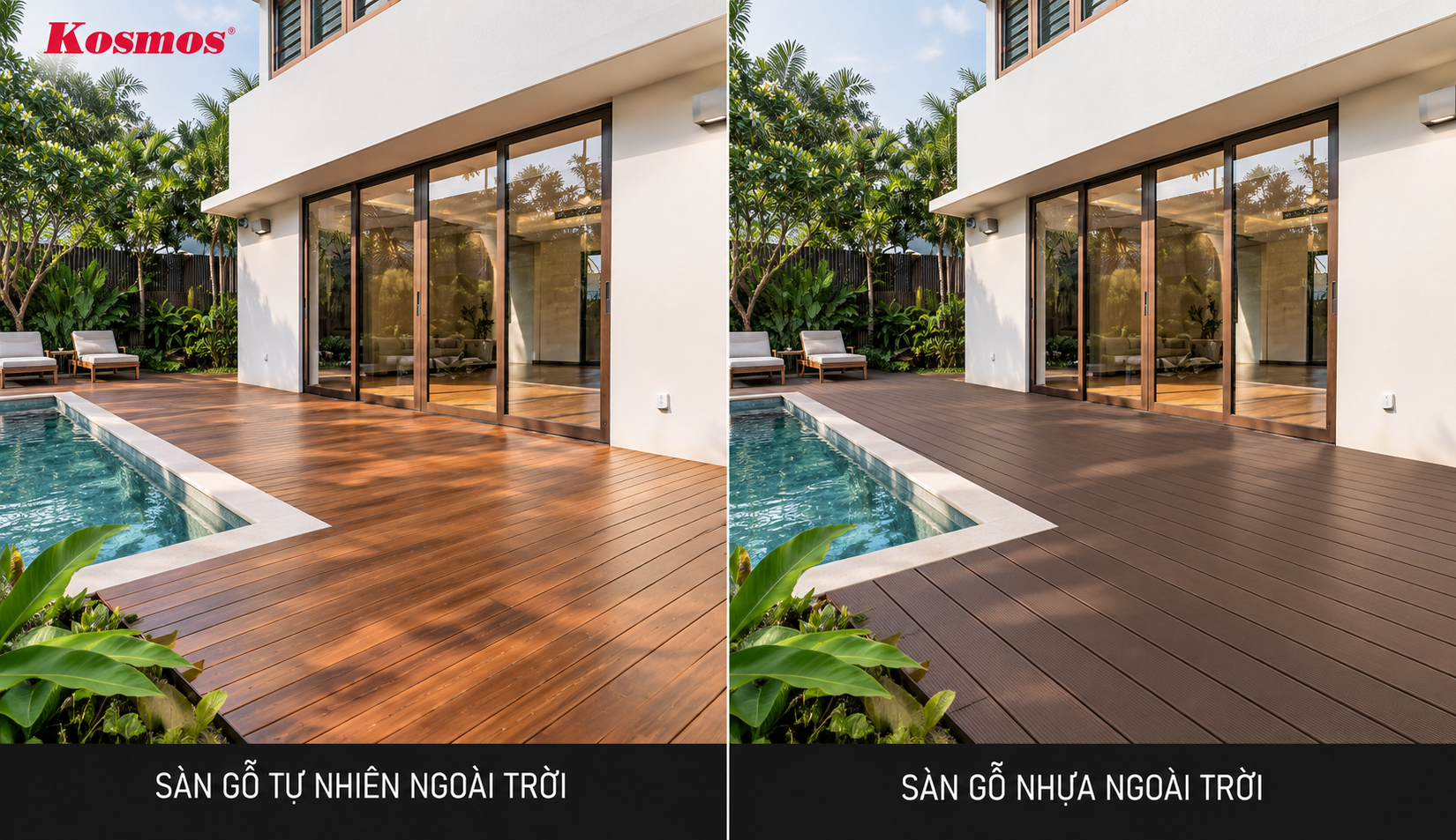 Sàn gỗ tự nhiên và sàn gỗ nhựa là 2 lựa chọn phổ biến trong các thiết kế ngoại thất