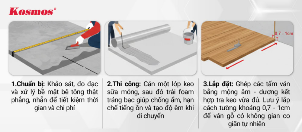 3 bước thi công sàn gỗ tự nhiên Cà Chít trực tiếp trên nền bê tông