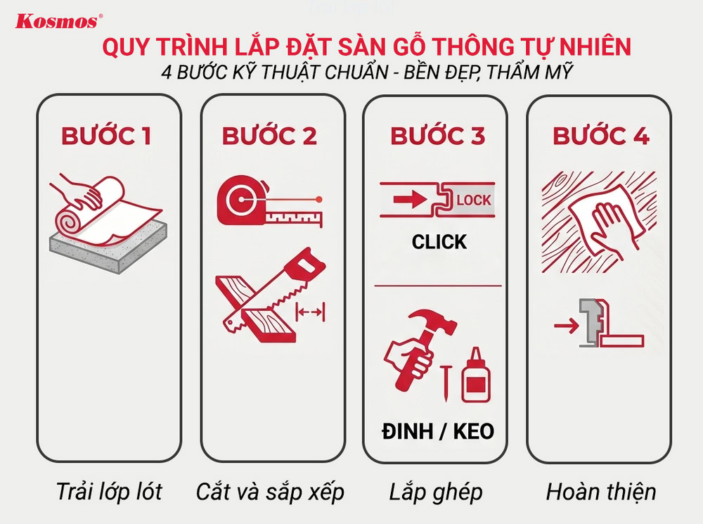 4 bước lắp đặt sàn gỗ Thông tự nhiên