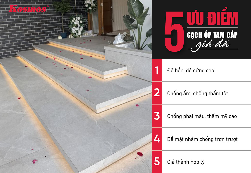5 ưu điểm của gạch ốp tam cấp giả đá