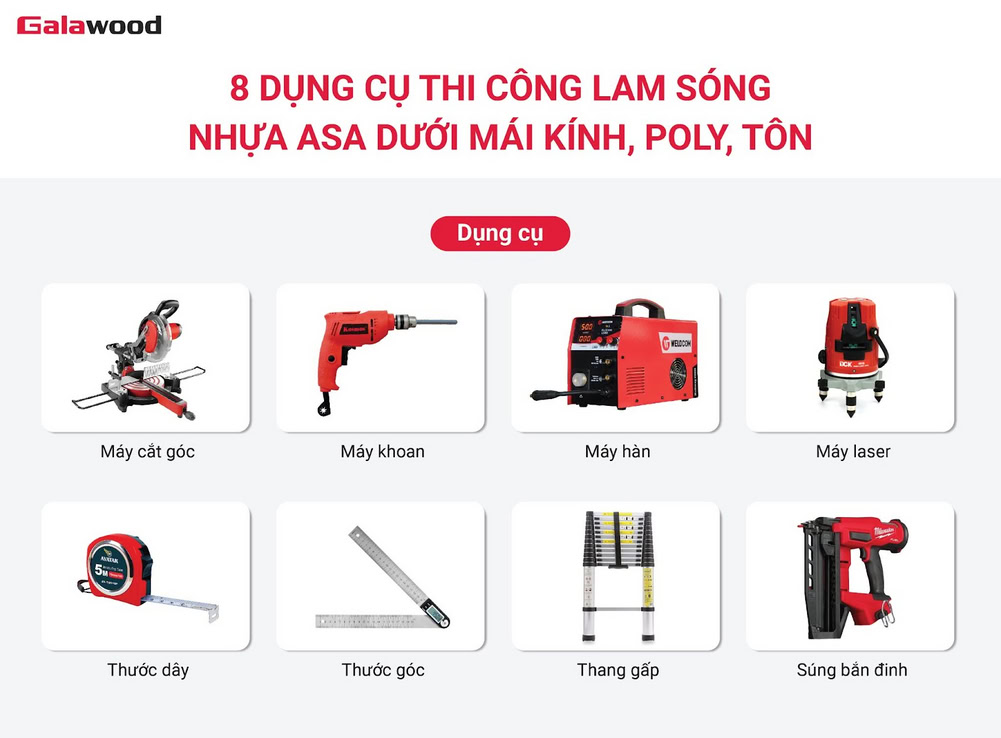8 dụng cụ thi công lam sóng nhựa ASA dưới mái kính, poly, tôn