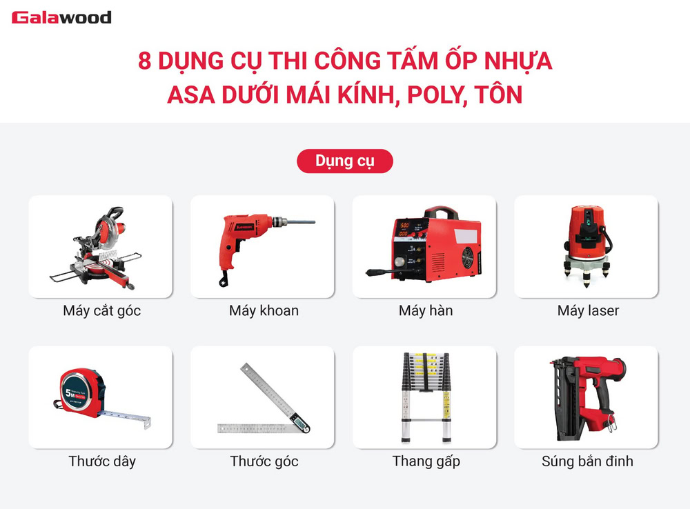 8 dụng cụ thi công tấm ốp nhựa ASA dưới mái kính, poly, tôn