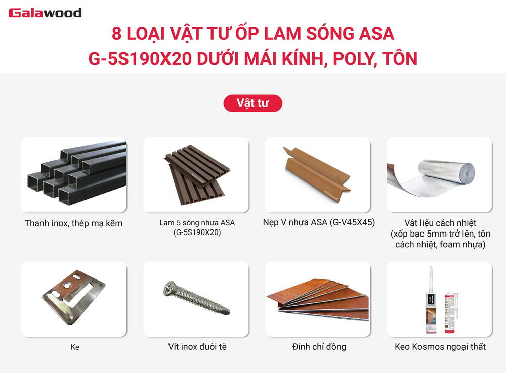 8 loại vật tư thi công ốp lam 5 sóng nhựa ASA dưới mái kính, poly, tôn