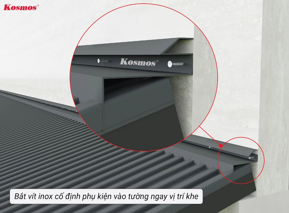 Bắt vít inox cố định phụ kiện tấm ốp nghiêng lên tường, ngay vị trí khe