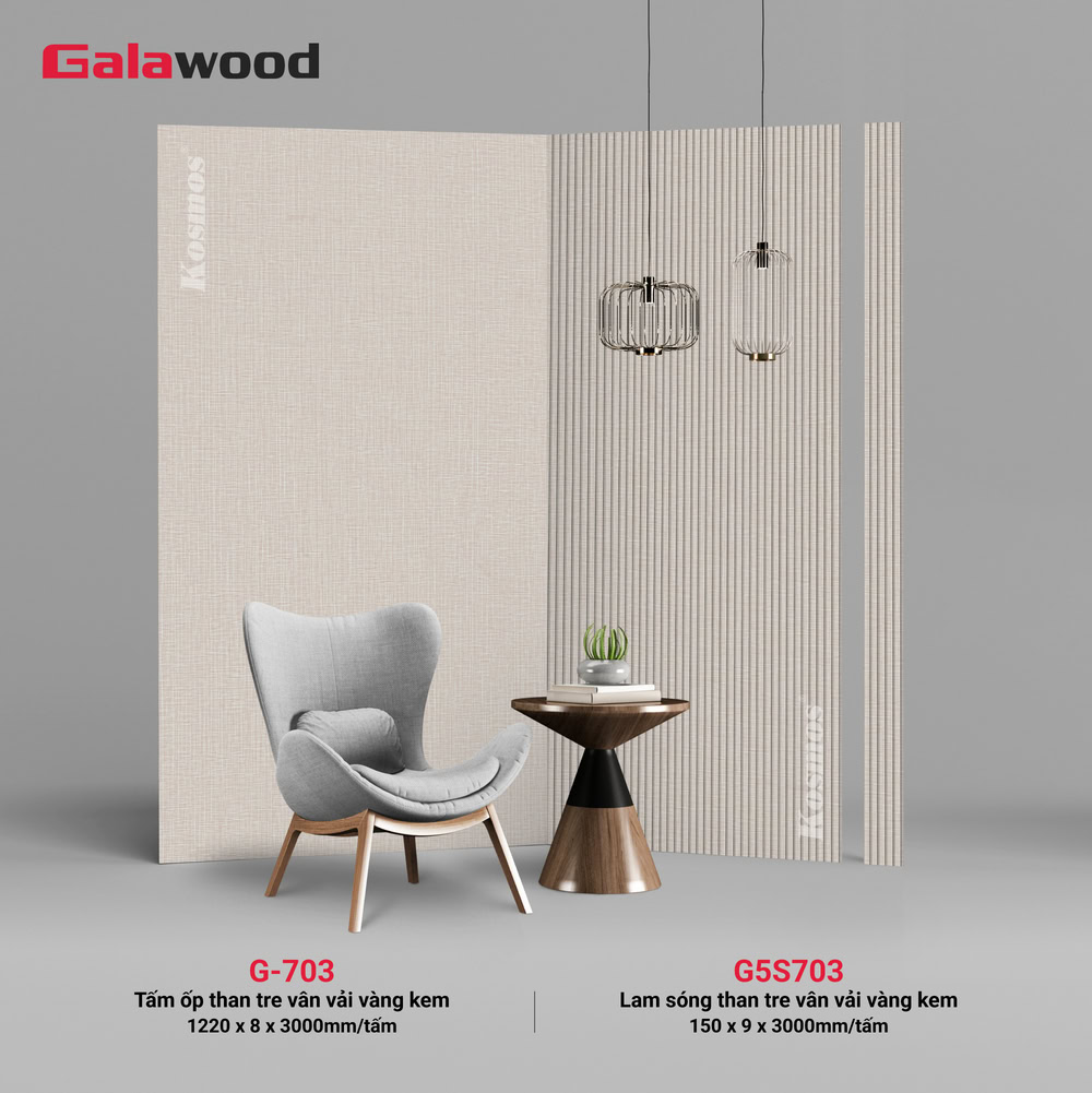 Bộ đồng màu tấm ốp than tre Galawood vân vải vàng kem (G5S703 & G-703)