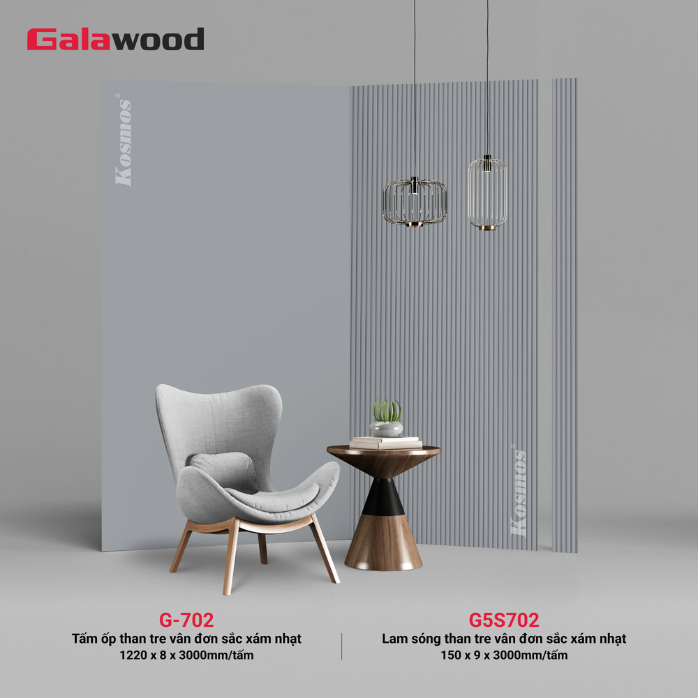 Bộ đồng màu tấm ốp than tre vân đơn sắc xám nhạt Galawood (G5S702 & G-702)