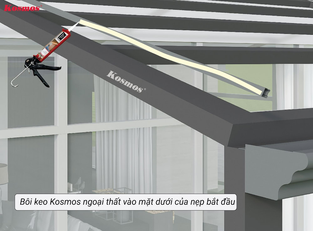 Bôi keo mặt dưới nẹp bắt đầu để lắp lên khung xương mái hiên