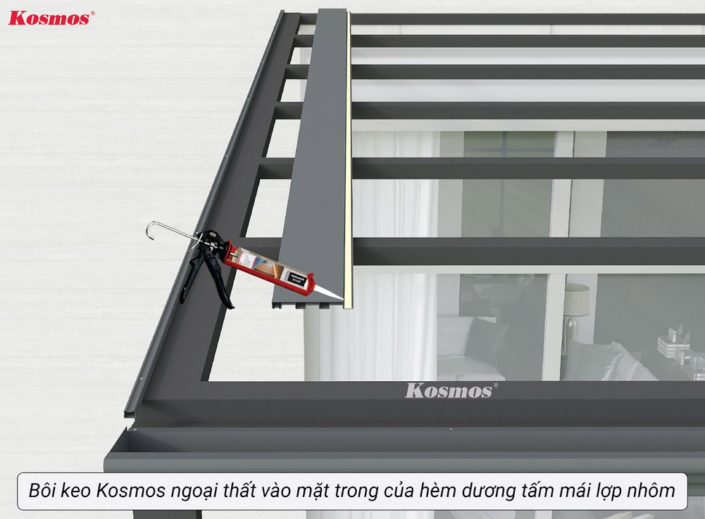 Bôi keo mặt dưới tấm mái lợp nhôm để lắp lên khung xương mái hiên