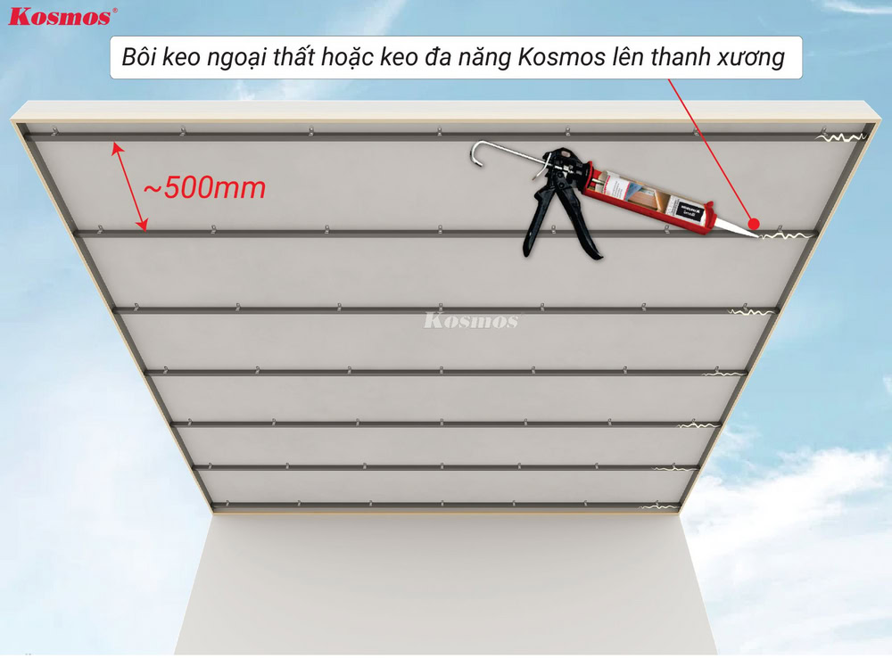 Bôi keo ngoại thất hoặc keo đa năng Kosmos lên thanh xương