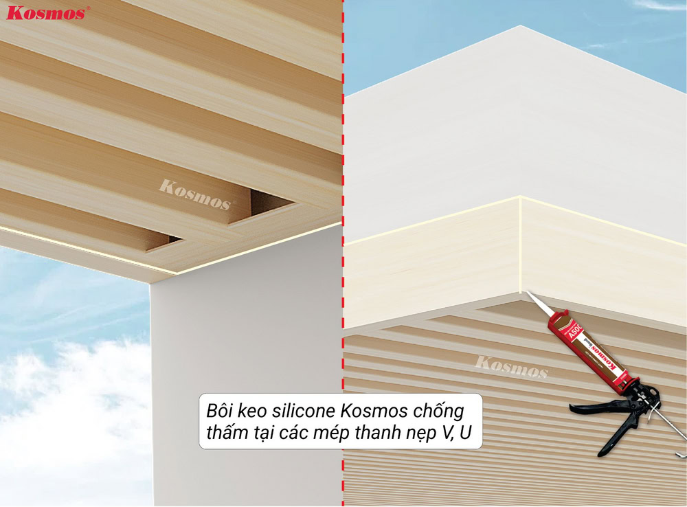 Bôi keo silicone Kosmos chống thấm tại các mép thanh nẹp V, U