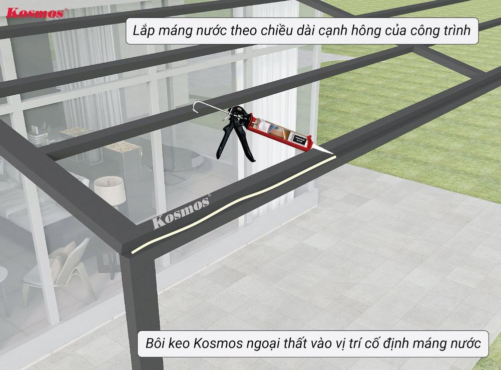 Bôi keo vào vị trí cố định máng nước trên khung xương mái hiên