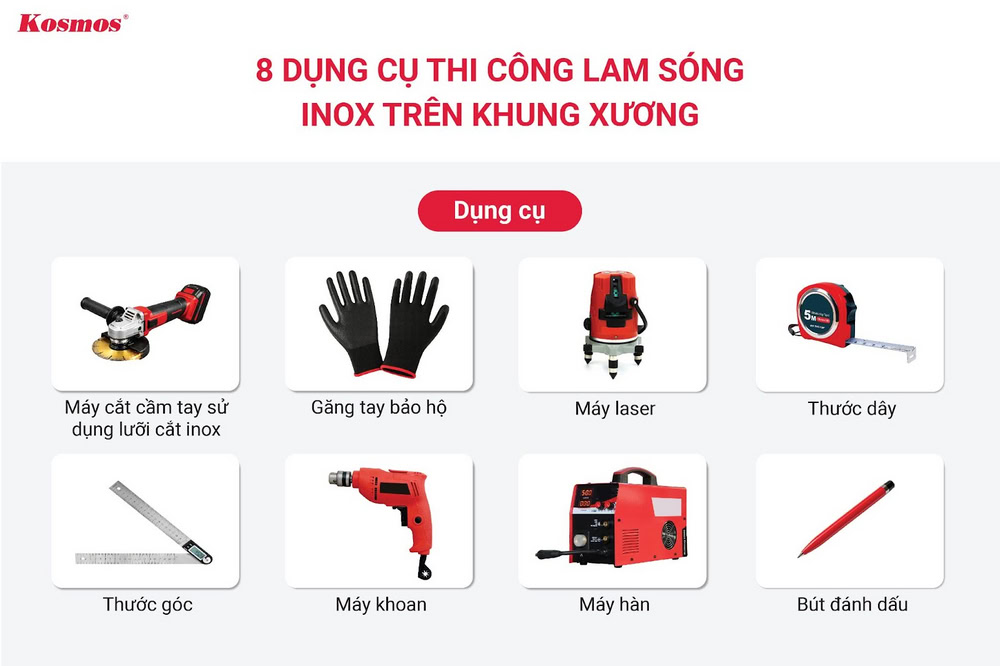 Các dụng cụ thi công lam sóng inox trên khung xương