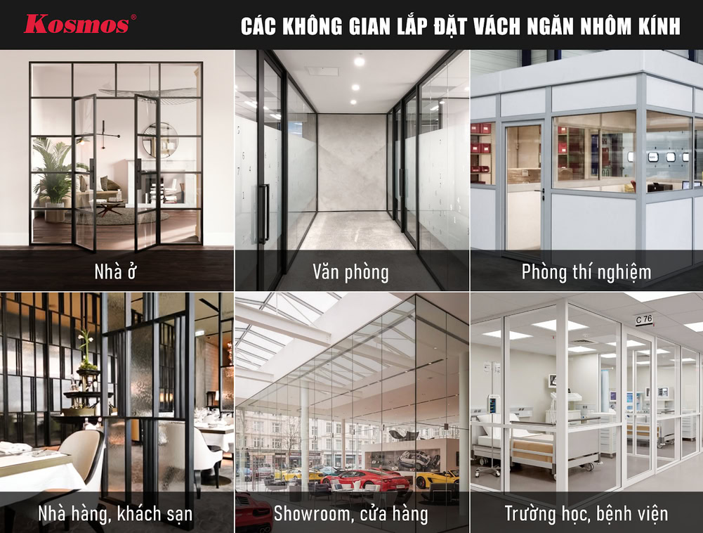 Các không gian lắp đặt vách ngăn nhôm kính