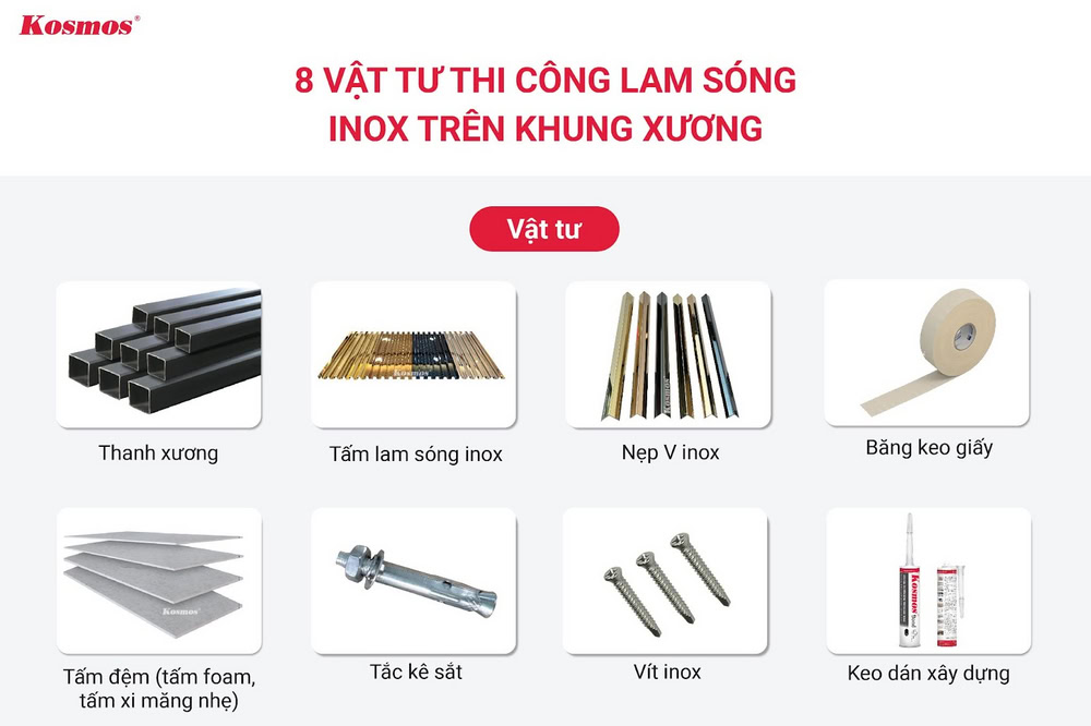 Các vật tư thi công lam sóng inox trên khung xương