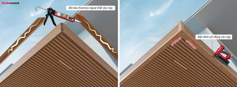 Cách ghép nẹp V bằng đinh chỉ đồng khi ốp lam sóng nhựa ASA G-4S219X25 trên trần