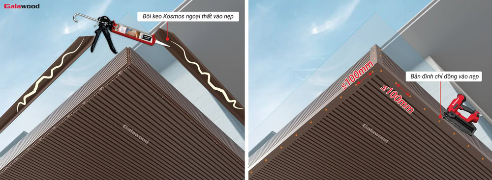 Cách ghép nẹp V bằng đinh chỉ đồng khi ốp lam sóng nhựa ASA G-5S190X20 trên trần