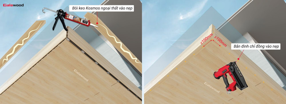 Cách ghép nẹp V bằng đinh chỉ đồng khi ốp tấm nhựa ASA G-OP112X16 trên trần