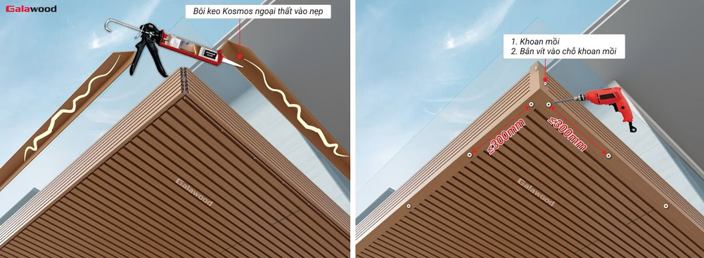 Cách ghép nẹp V bằng vít khi ốp lam sóng nhựa ASA G-4S219X25 trên trần
