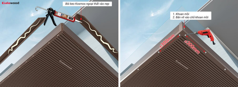 Cách ghép nẹp V bằng vít khi ốp lam sóng nhựa ASA G-5S190X20 trên trần