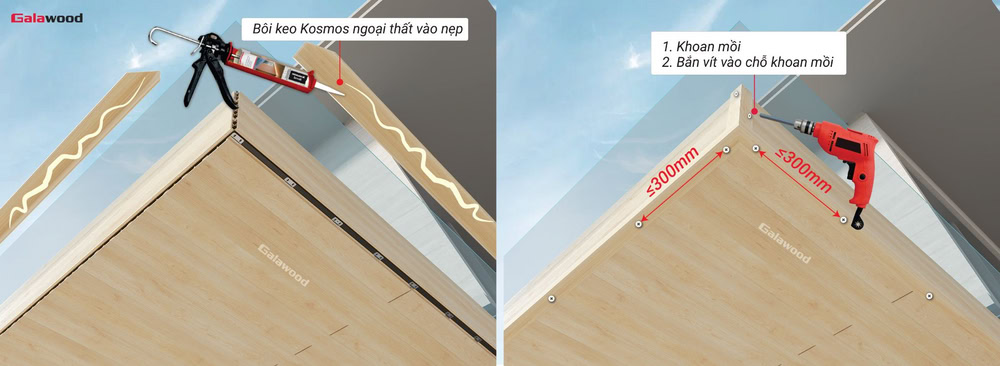 Cách ghép nẹp V bằng vít khi ốp tấm nhựa ASA G-OP112X16 trên trần