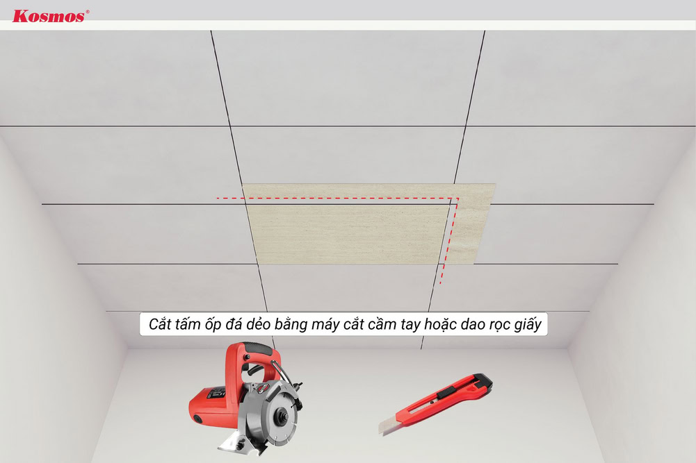 Cắt tấm ốp đá dẻo bằng máy cắt cầm tay hoặc dao rọc giấy