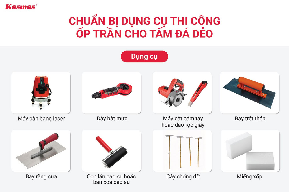 Chuẩn bị dụng cụ thi công ốp trần bằng tấm đá dẻo