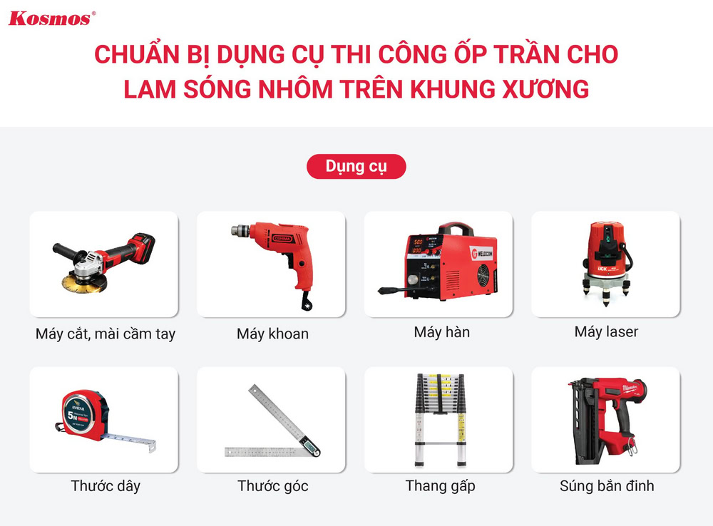 Chuẩn bị dụng cụ thi công ốp trần bằng tấm nhôm lam sóng