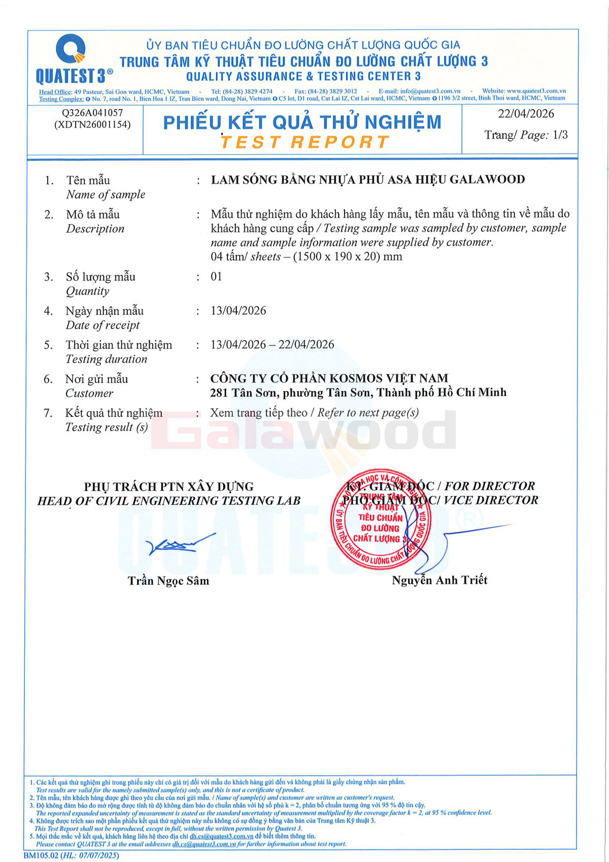 Chứng chỉ chất lượng Quatest 3 lam sóng bằng nhựa phủ ASA Galawood