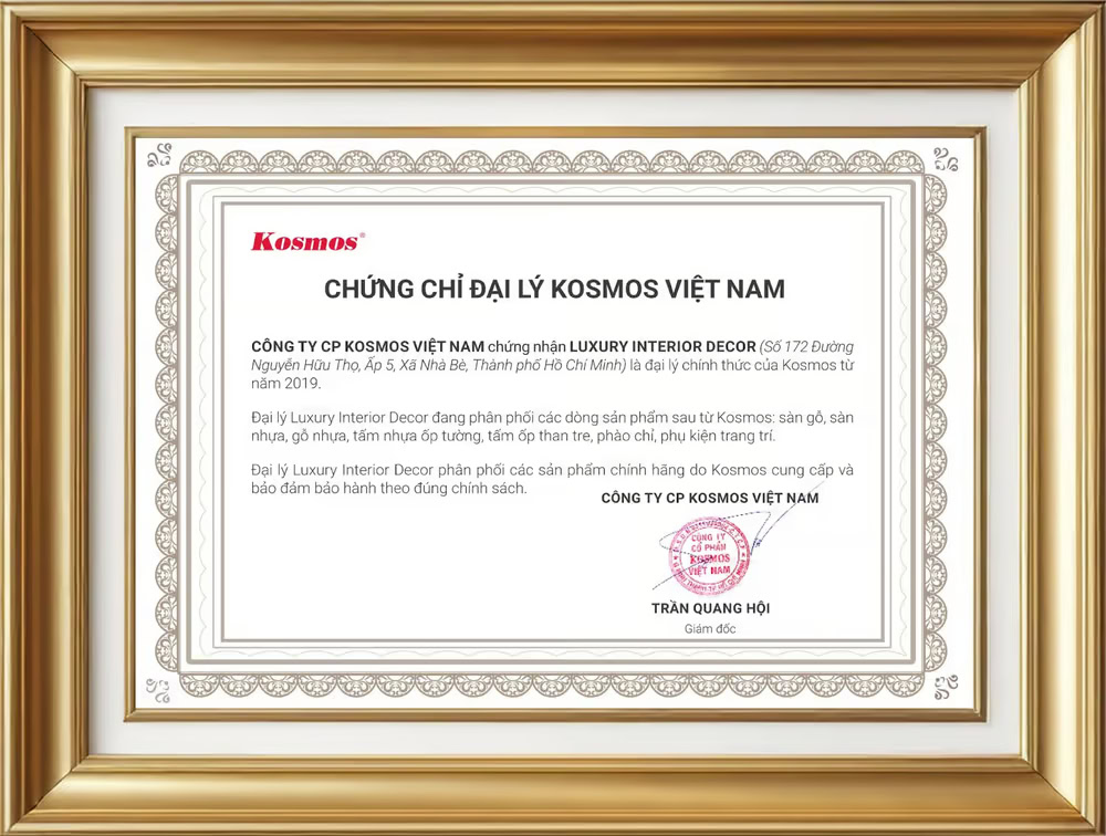 Chứng chỉ chứng nhận Luxury Interior Decor là đại lý Kosmos tại Thành phố Hồ Chí Minh