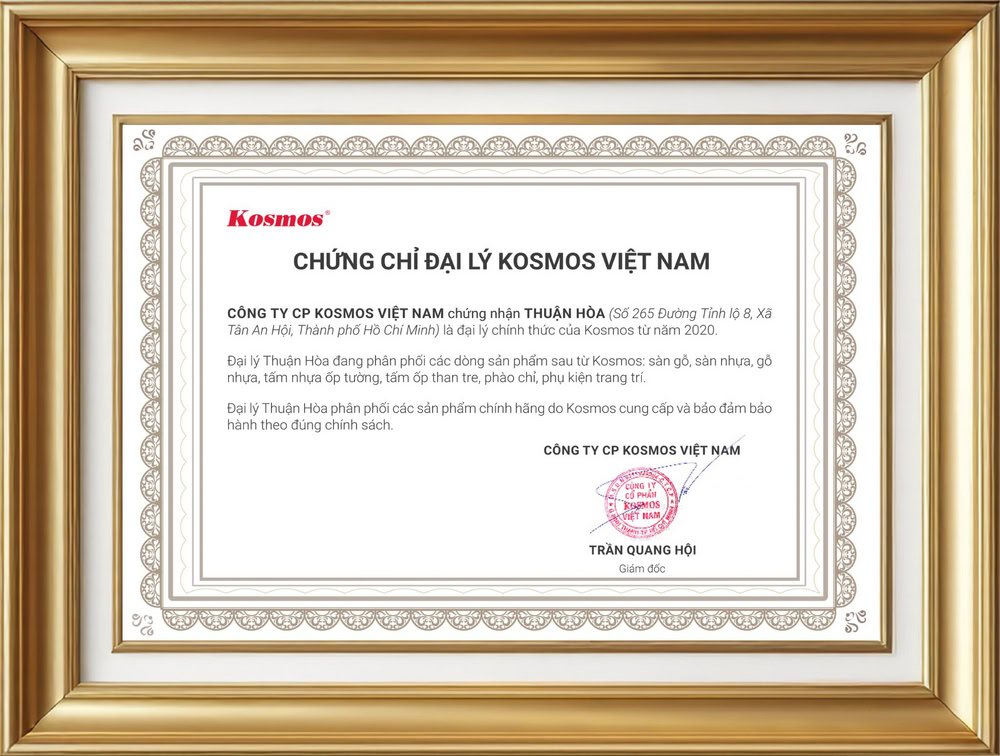 Chứng chỉ chứng nhận Thuận Hòa là đại lý Kosmos tại Thành phố Hồ Chí Minh
