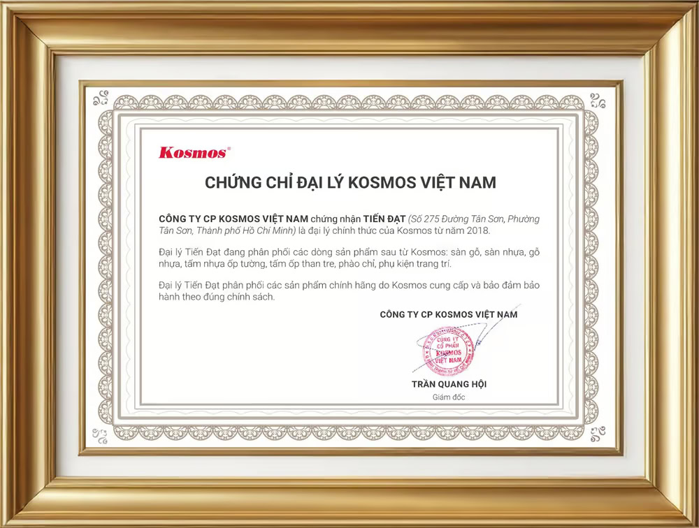Chứng chỉ chứng nhận Tiến Đạt là đại lý Kosmos tại Thành phố Hồ Chí Minh