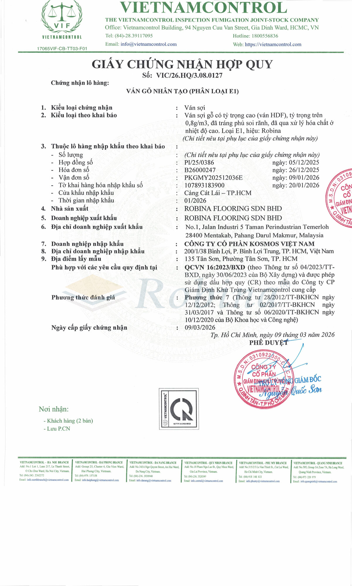 Certificat de conformité du revêtement de sol en bois Robina 20042026
