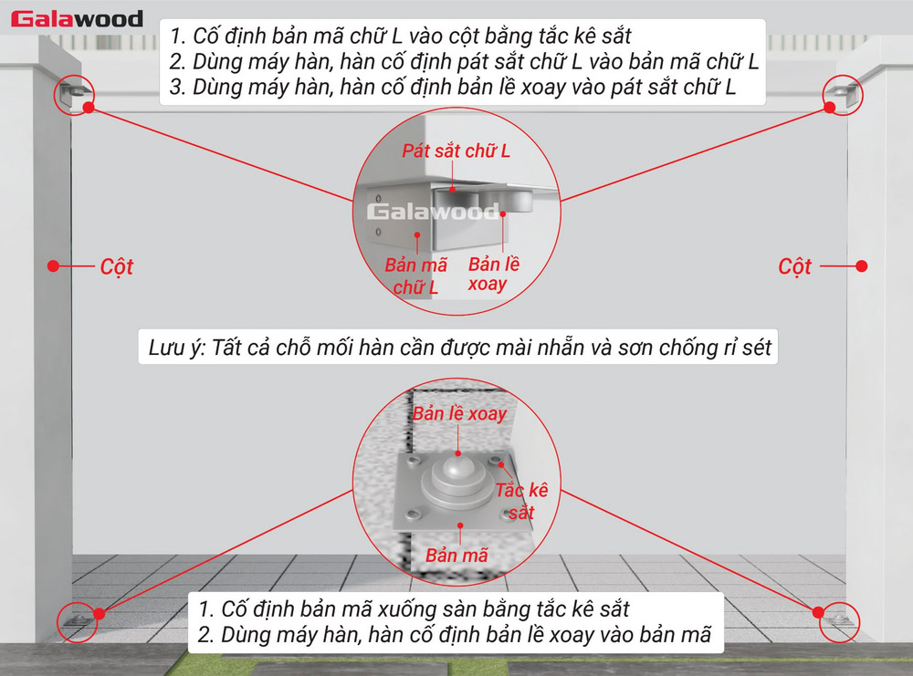 Cố định 2 bản lề xoay ở dưới trụ cổng và trên trụ cổng ốp lam 4 sóng nhựa ASA G-4S219X25