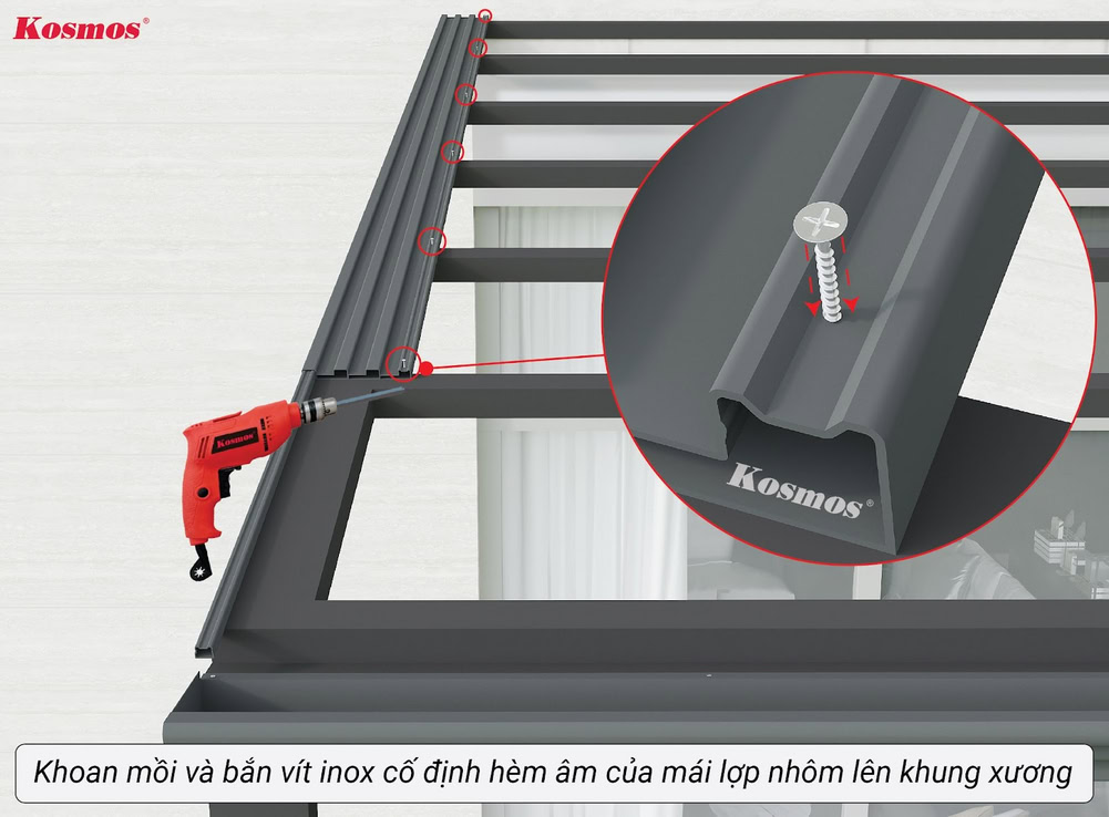 Cố định hèm âm mái lợp nhôm lên khung xương bằng vít inox