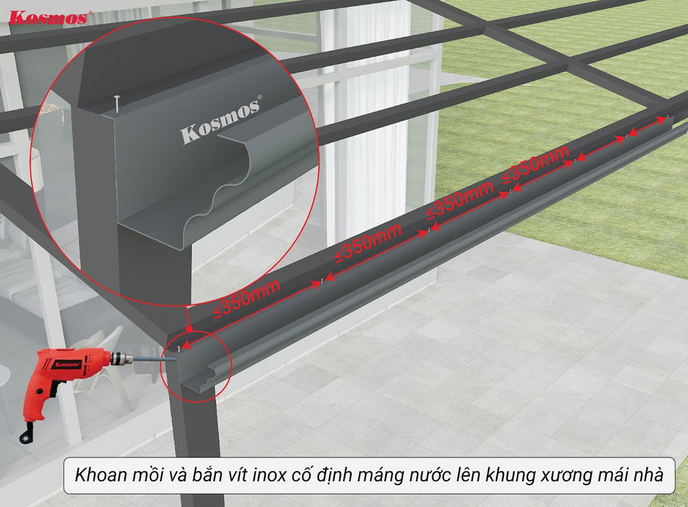 Cố định máng nước lên khung xương mái hiên bằng vít inox