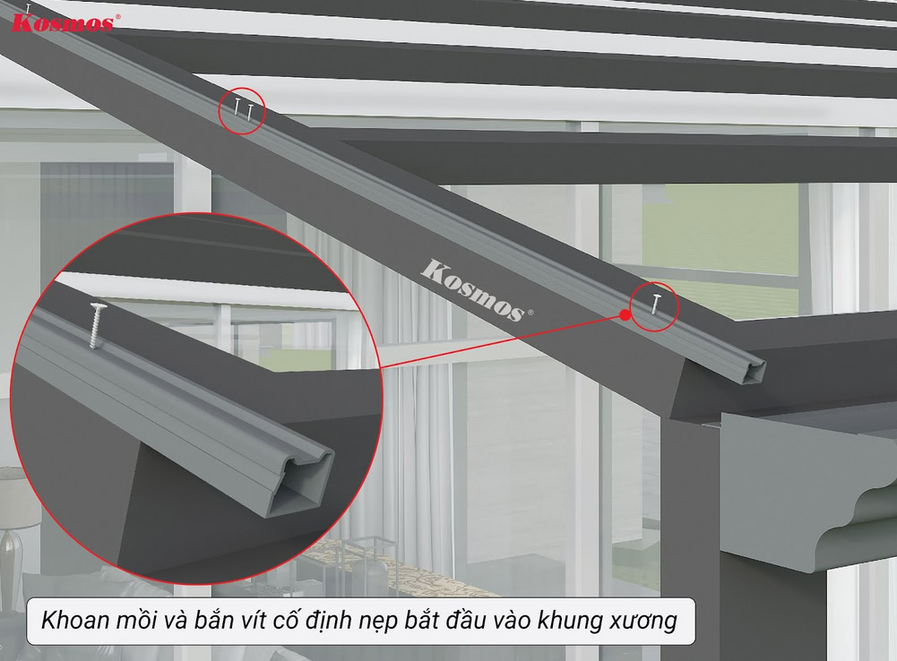 Cố định nẹp bắt đầu lên khung xương mái hiên bằng vít inox