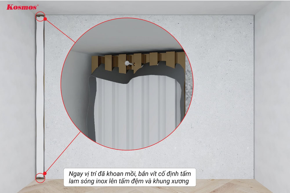 Cố định tấm ốp inox lên tường bằng vít inox, ngay vị trí đã khoan mồi