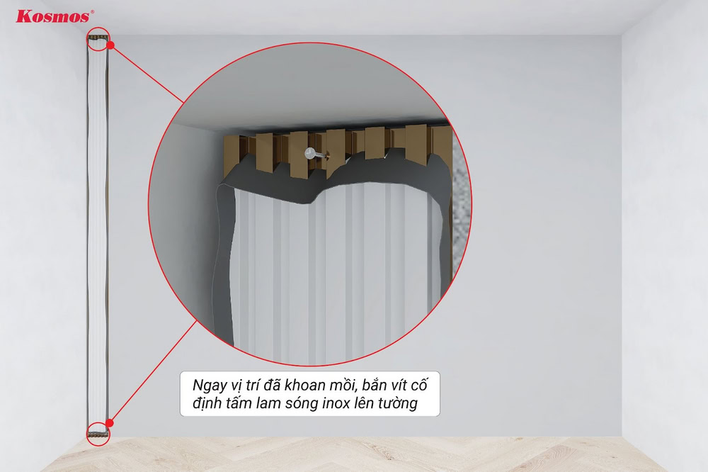 Cố định tấm ốp inox lên tường bằng vít inox, ngay vị trí đã khoan mồi