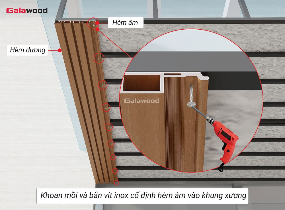 Cố định tấm ốp lam sóng G-4S219X25 lên khung xương trên trần bằng vít inox