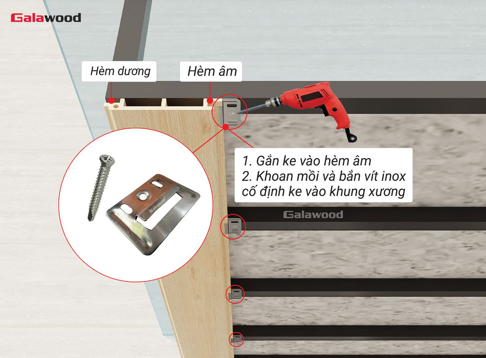 Cố định tấm ốp nhựa ASA lên khung xương trên trần bằng ke và vít inox