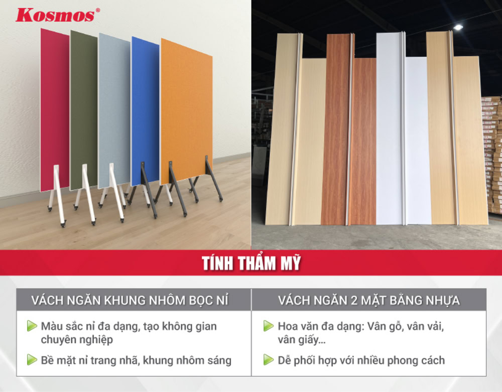 Điểm khác biệt về mẫu mã của vách ngăn nhôm bọc nỉ và vách ngăn nhựa