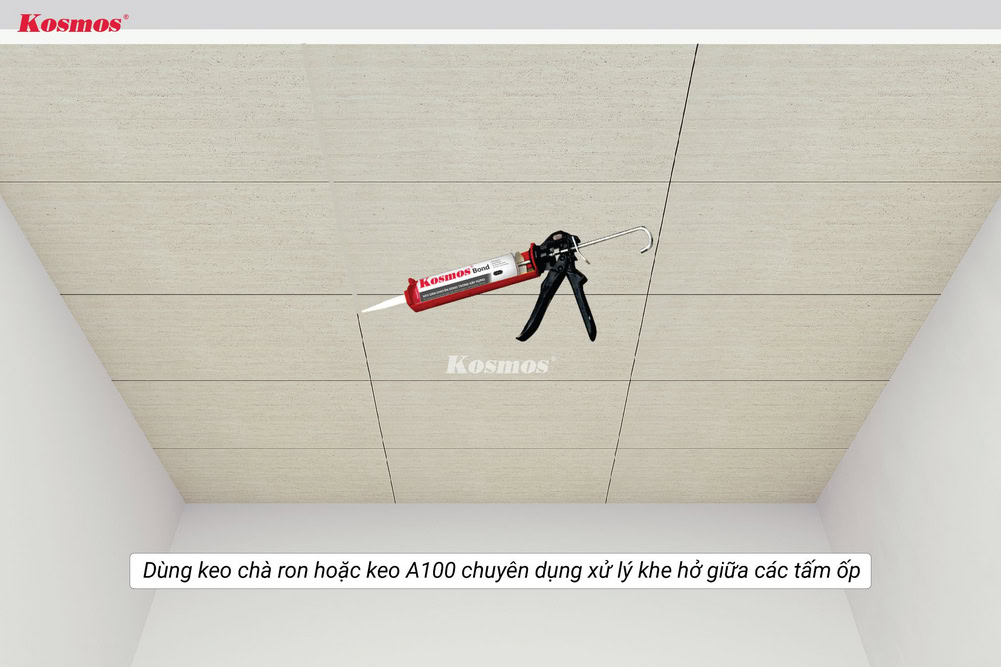 Dùng keo chà ron hoặc keo A100 chuyên dụng xử lý khe hở và che phủ lỗ đinh ghim