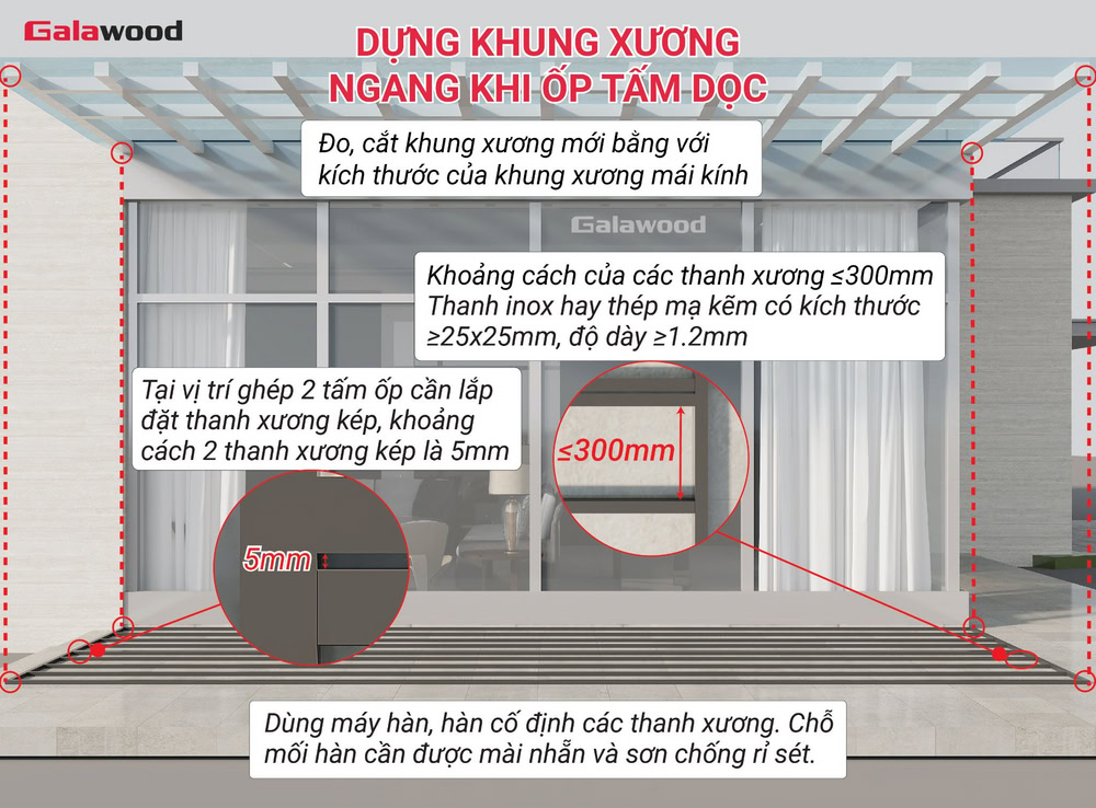 Dựng khung xương ngang dưới mái kính, poly, tôn