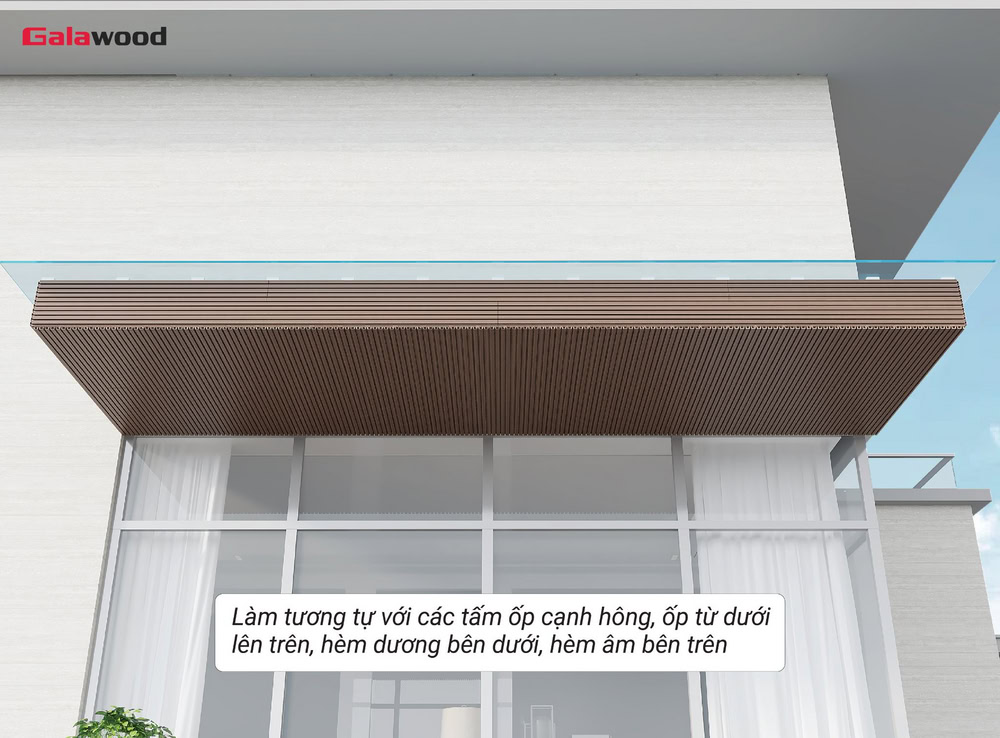 Dùng tấm ốp lam 5 sóng nhựa ASA che khoảng trống giữa mái kính và trần gỗ nhựa