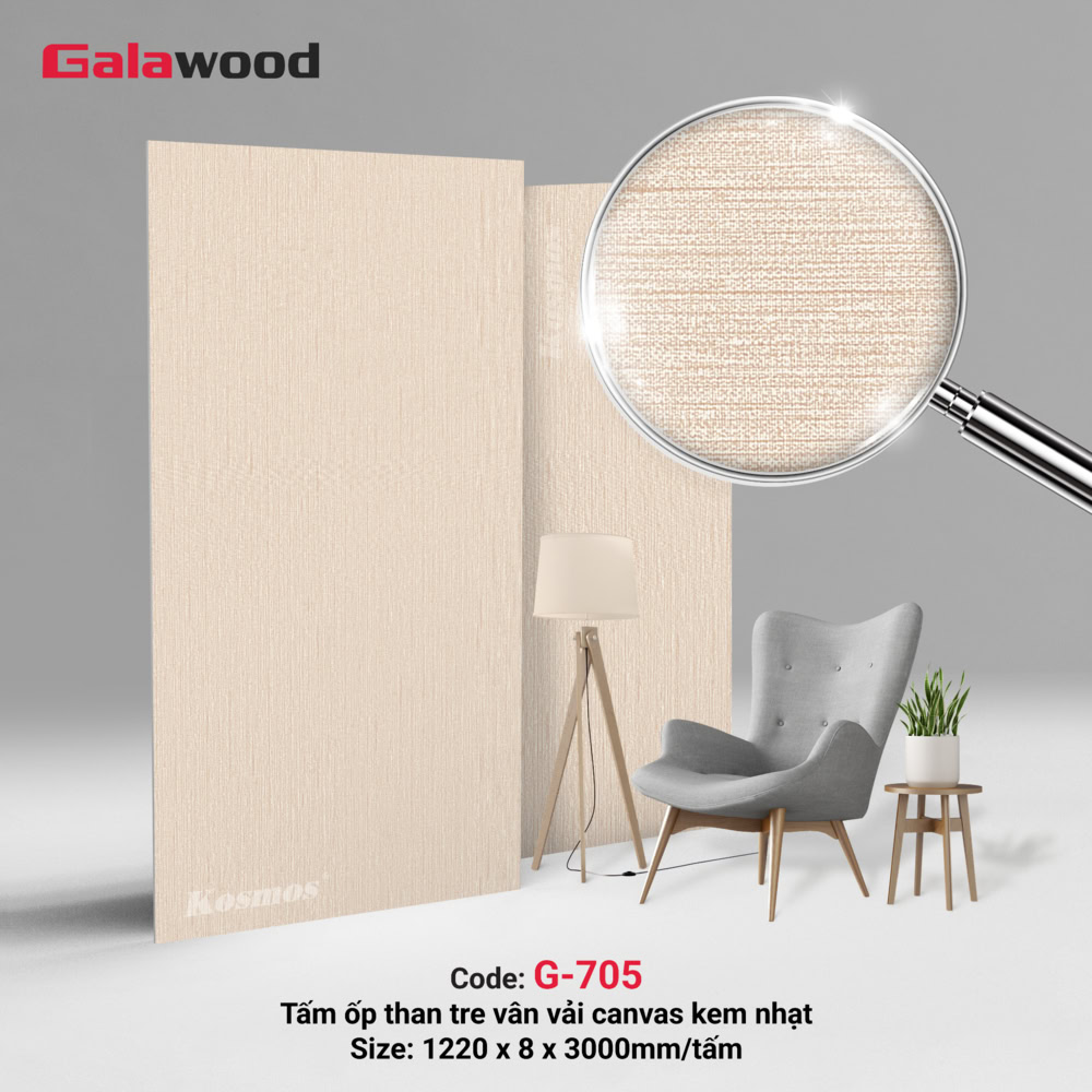 G-705 là tấm ốp than tre vân vải canvas kem nhạt Galawood G-705 là tấm ốp than tre vân vải canvas kem nhạt Galawood