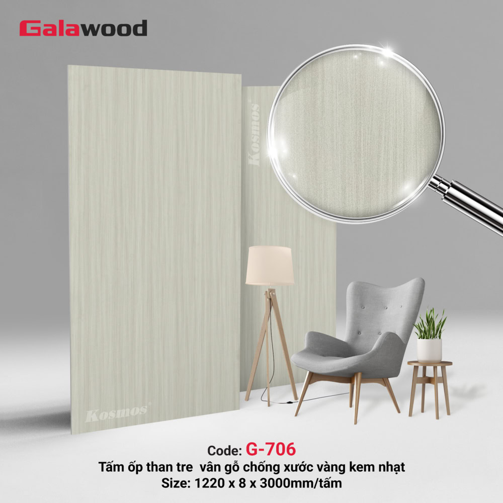 G-706 là tấm ốp than tre vân gỗ chống xước vàng kem nhạt Galawood G-706 là tấm ốp than tre vân gỗ chống xước vàng kem nhạt Galawood