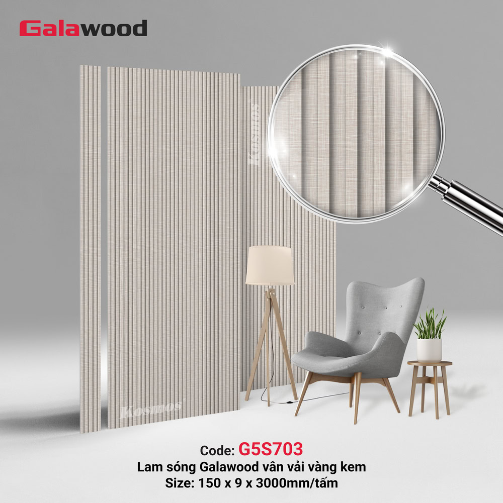 G5S703 là tấm ốp lam sóng đồng màu than tre Galawood vân vải vàng kem