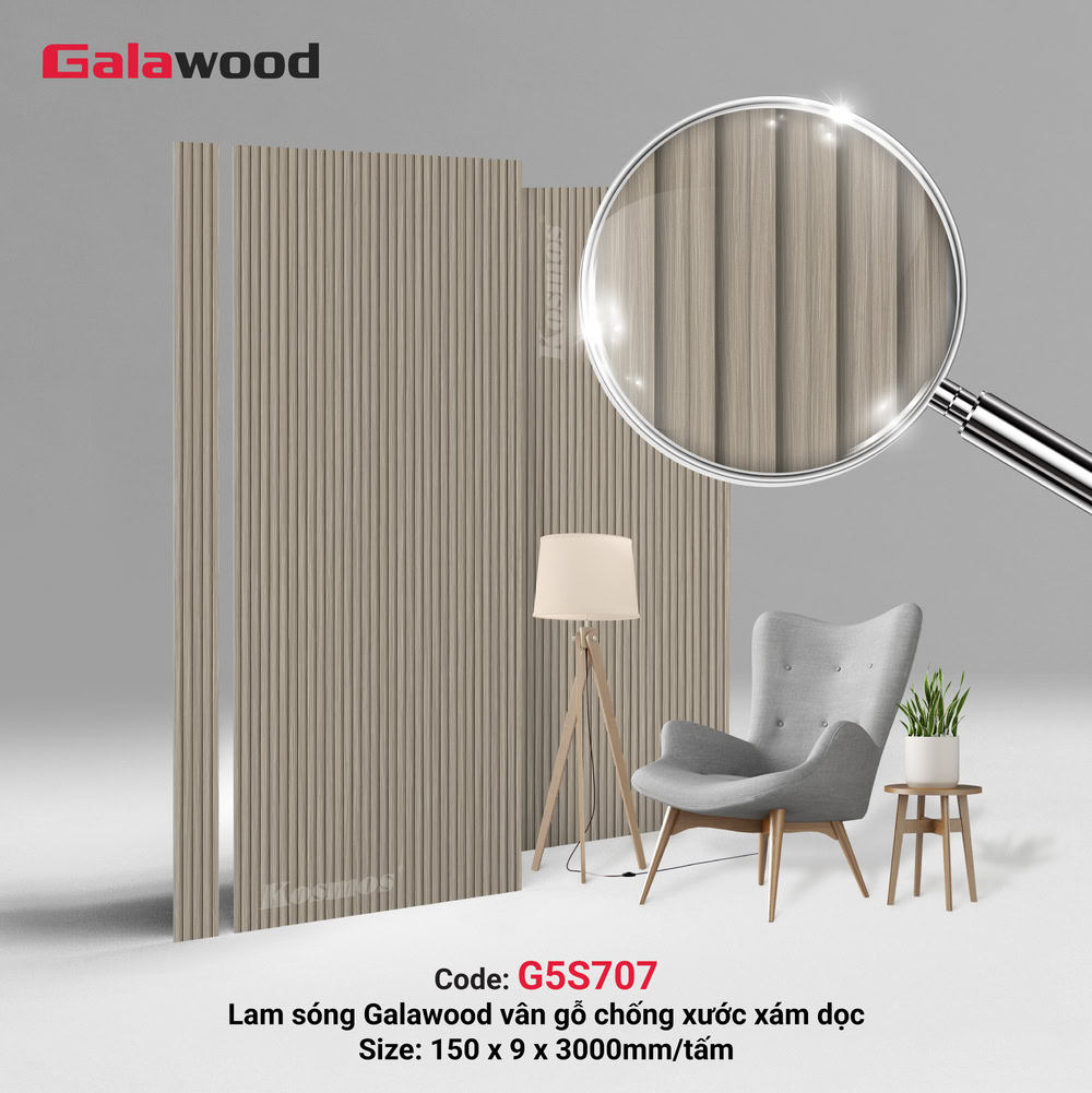 G5S707 là tấm ốp lam sóng đồng màu than tre Galawood vân gỗ chống xước xám dọc